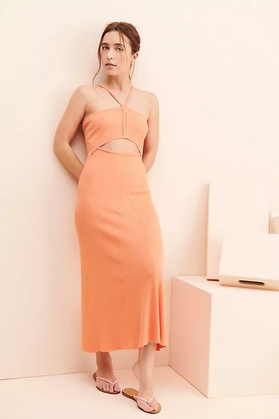 Anthropologie Current Air Rib Knit Cutout Midi Dress Orange Bodycon Size Medium